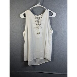 Julia Tank Top Womens Large White Lace Up V Neck Sleeveless Tunic Blouse